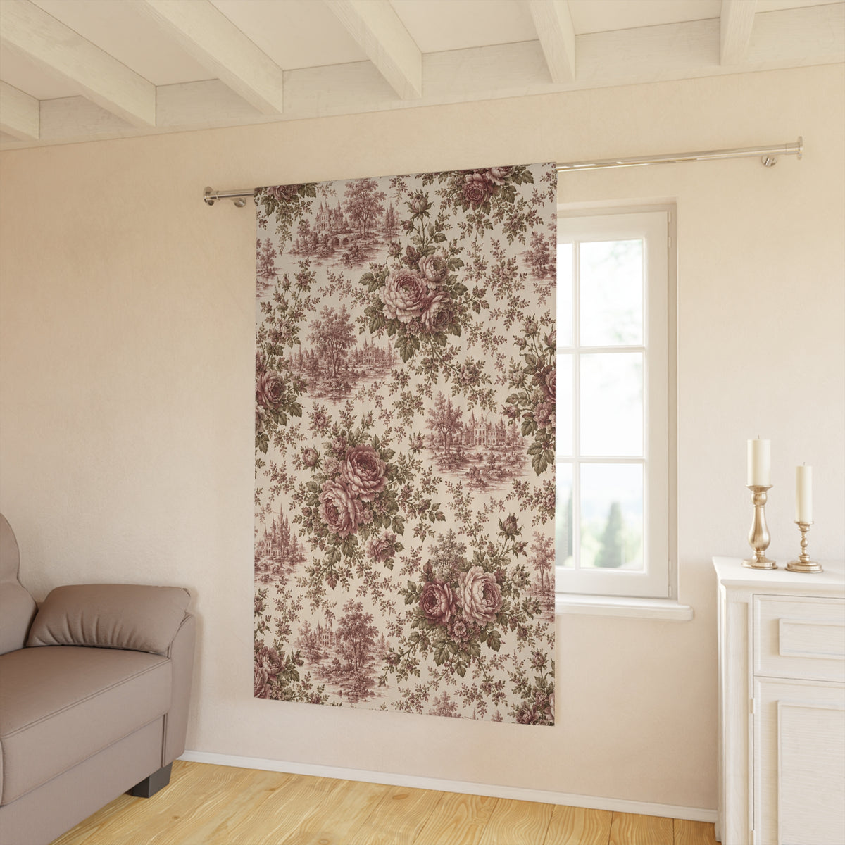 Toile de Jouy Floral Long Window Black Out Curtain, Botanical Scenic Vintage Dusty Rose Burgundy Curtain, French Country Shabby Chic Chateaucore