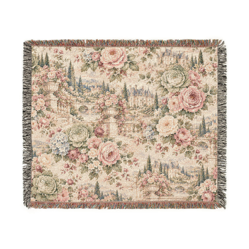 Antique Rose Cabbage Chintz Woven Blanket – French Country Floral Tapestry Throw, Romantic Grandmillennial Decor