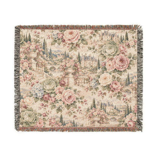 Antique Rose Cabbage Chintz Woven Blanket – French Country Floral Tapestry Throw, Romantic Grandmillennial Decor
