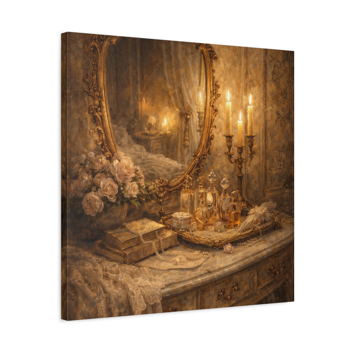 French Country Perfume Vanity Canvas Wall Art Print, Chateaucore Floral Wall Hanging Decor, Victorian Romantic Home Decor, Gift Mom Grandma