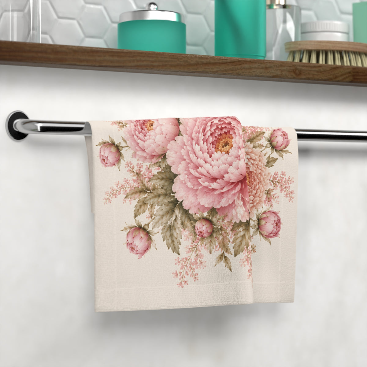 Pink Peony Bouquet Washcloth — Vintage Floral Victorian Rococo Face Towel, Shabby Chic French Country Roses Gold Baroque Bath Decor