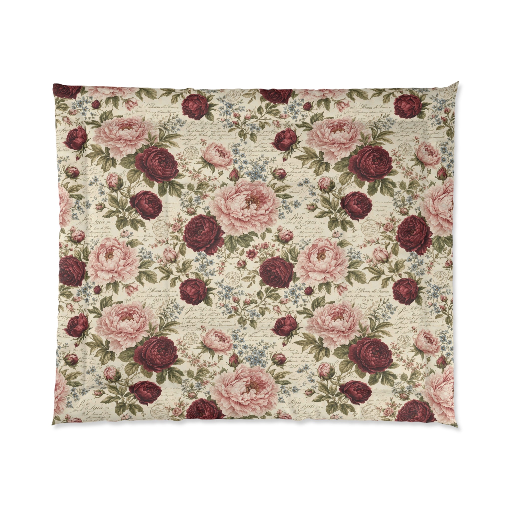 Chateaucore Soft Pink Burgundy Peonies Floral Comforter Set Floral Vintage Style Bedding Shabby Chic Victorian Queen King Twin French Romantic Bed
