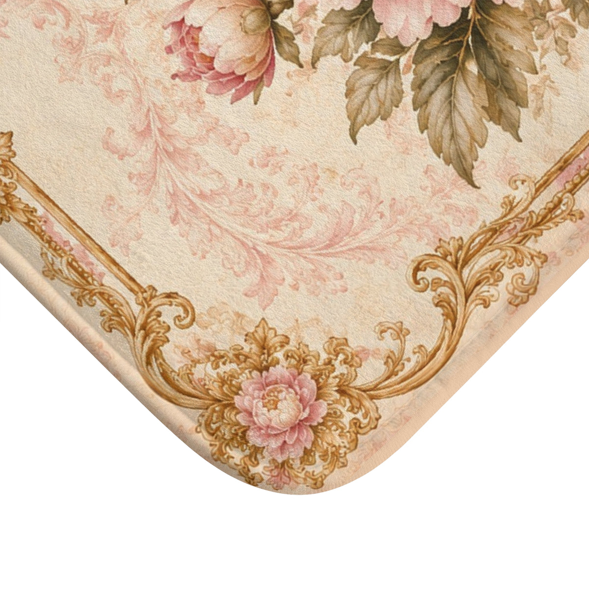 Pink Peony Memory Foam Bath Mat, Victorian Rococo Gold Floral Anti-Slip Bathroom Rug, French Country Chateaucore Shabby Chic Vintage Decor