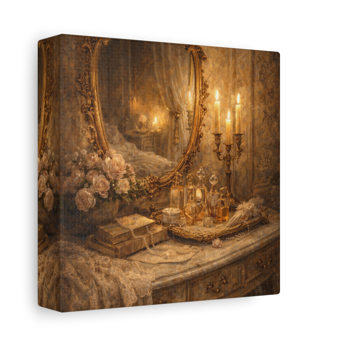 French Country Perfume Vanity Canvas Wall Art Print, Chateaucore Floral Wall Hanging Decor, Victorian Romantic Home Decor, Gift Mom Grandma