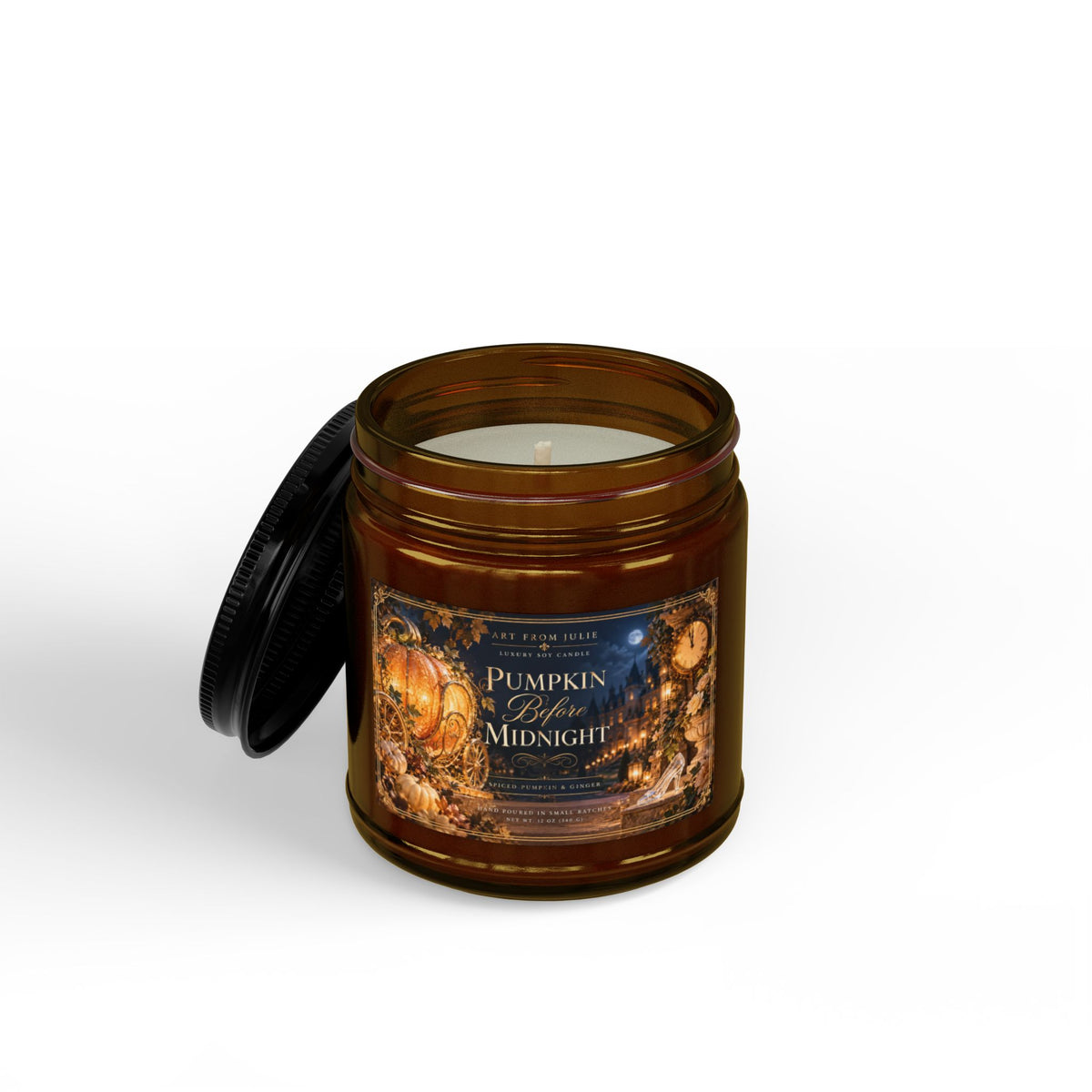 Pumpkin Before Midnight – Spiced Pumpkin & Ginger Soy Candle | Amber or Clear Jar with Lid Enchanted Fairytale Chateau Candle