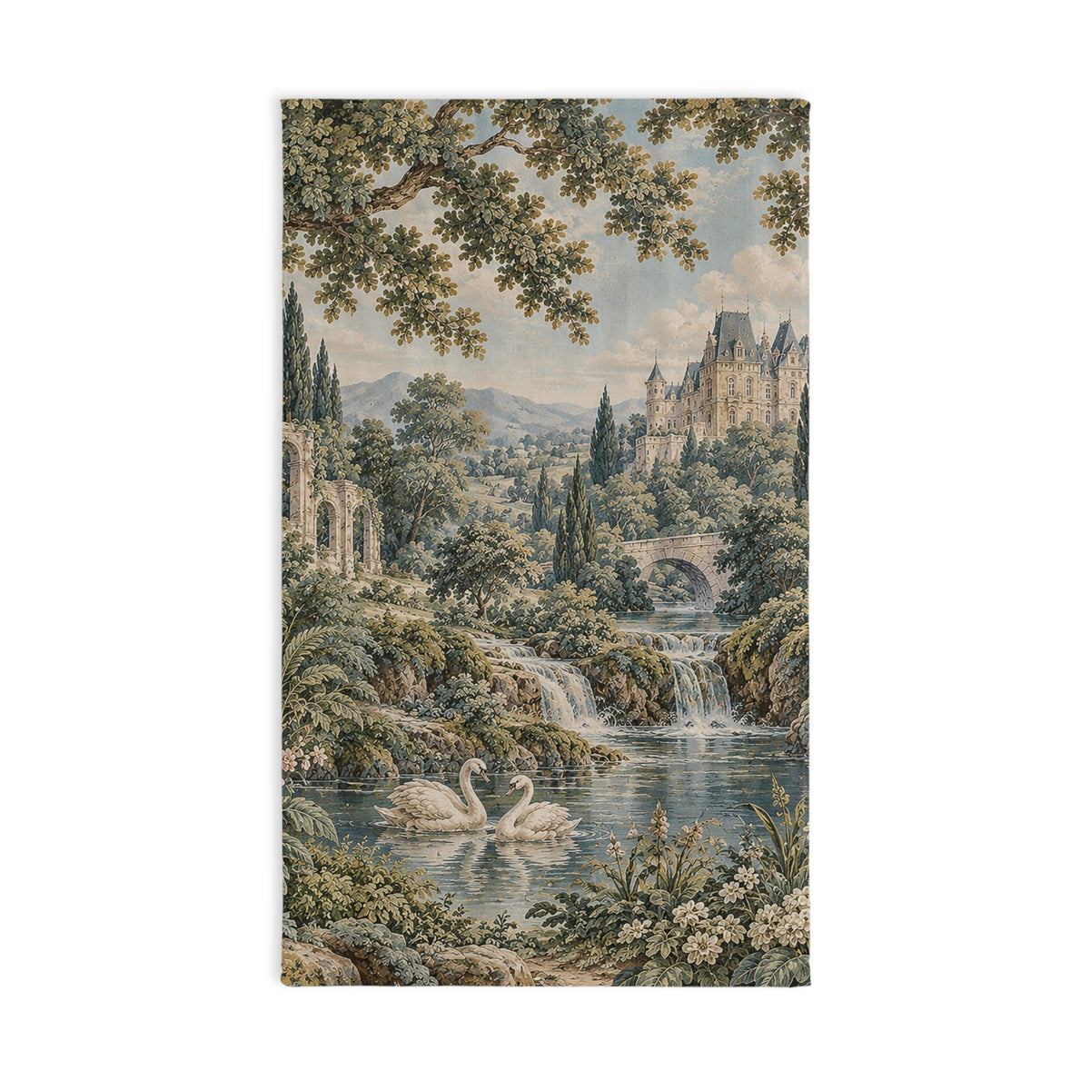 French Verdure Château Garden Hand Towel – Vintage Aubusson Swans Floral French Country Chateaucore Green Victorian Bathroom Decor