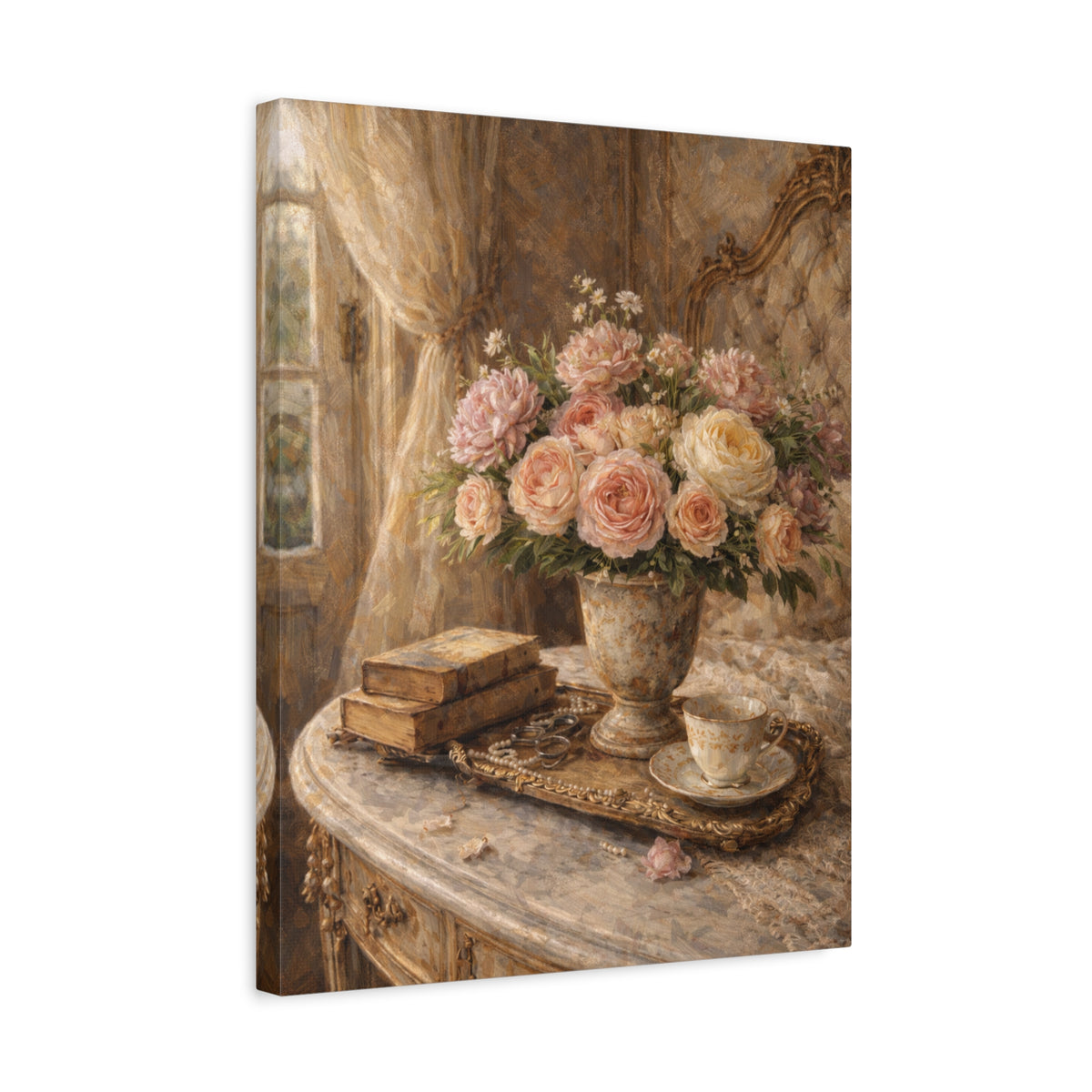 French Country Books Roses Canvas Wall Art Print, Chateaucore Floral Wall Hanging Decor, Victorian Romantic Home Decor, Gift Mom Grandma