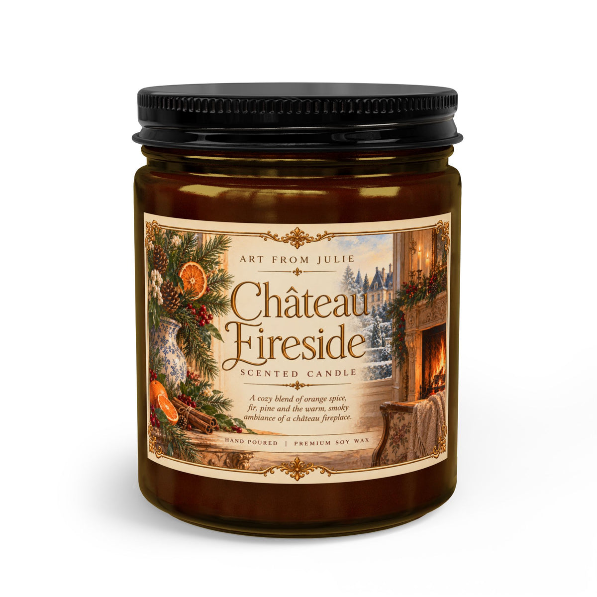 Château Fireside Candle Gift Set, Orange Spice, Fir & Pine Scented Candle with Matte Black Wick Trimmer, French Country Home Fragrance
