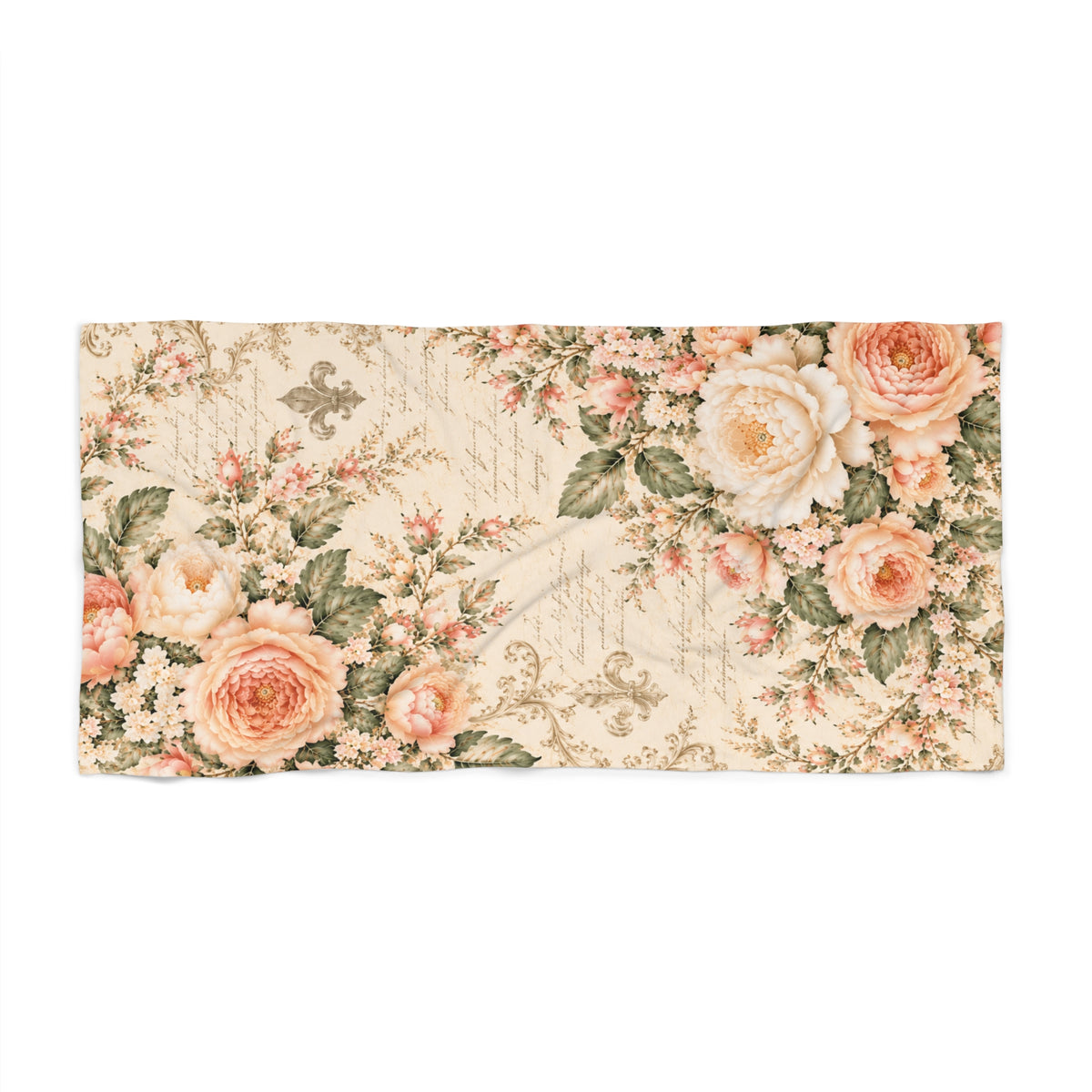 Peach Rose Château Bath Towel, French Country Script Peach Floral Towel, Soft Sage Chateaucore Bathroom Decor, Romantic Vintage Bath Linen