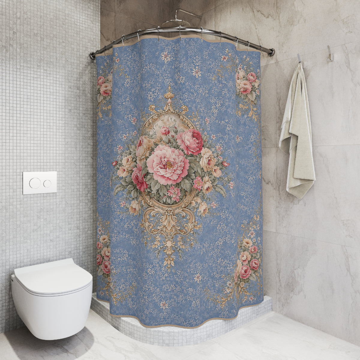 Chateaucore Blue Soft Pink Roses Floral Shower Curtain, Victorian Rococo Bathroom Decor, French Country, Shabby Chic Housewarming Gift