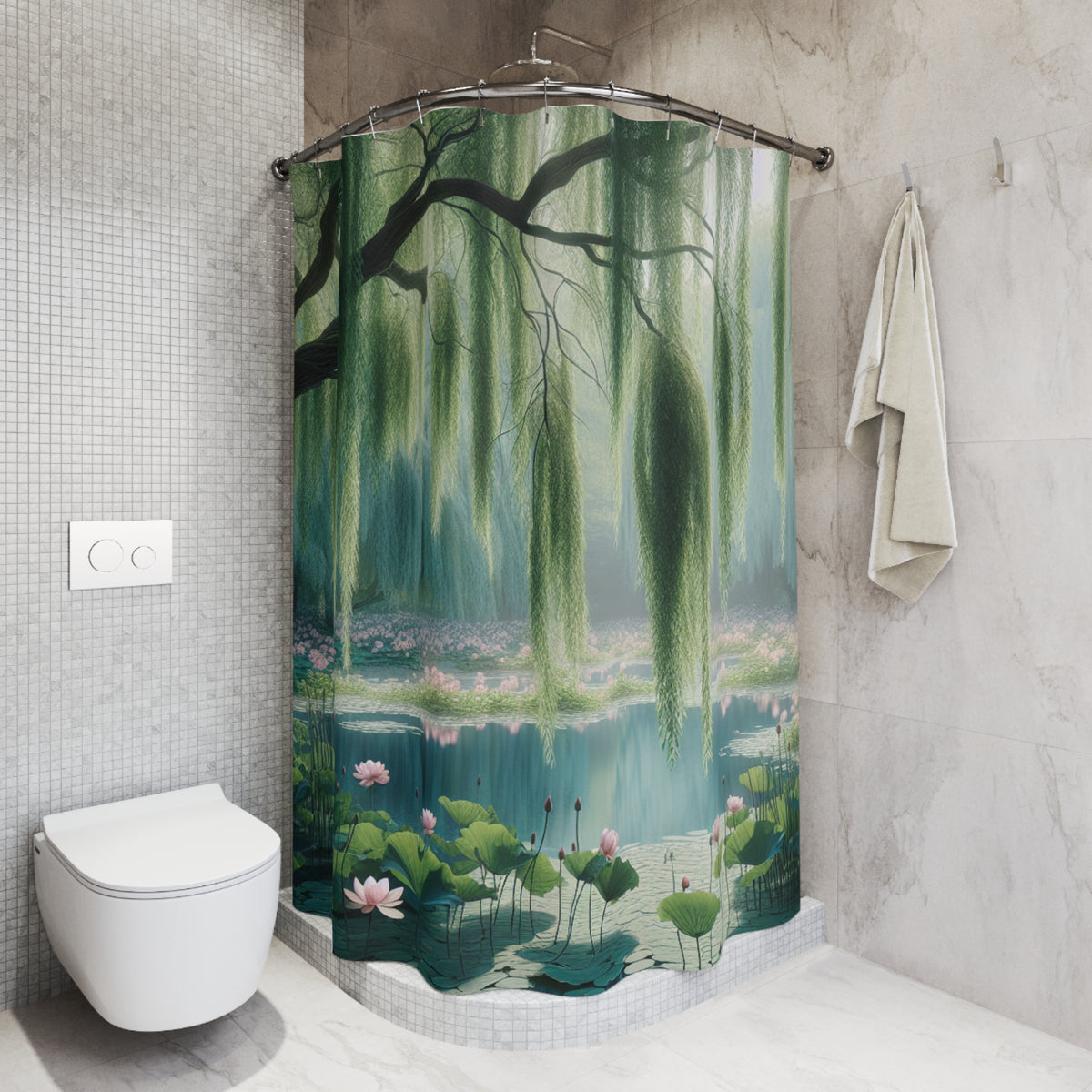 Pond Lily Pads Lotus Flower Weeping Willow Floral Fabric Shower Curtain, Bathroom Decor, Country Cottage Shabby Chic, Farmhouse Style,