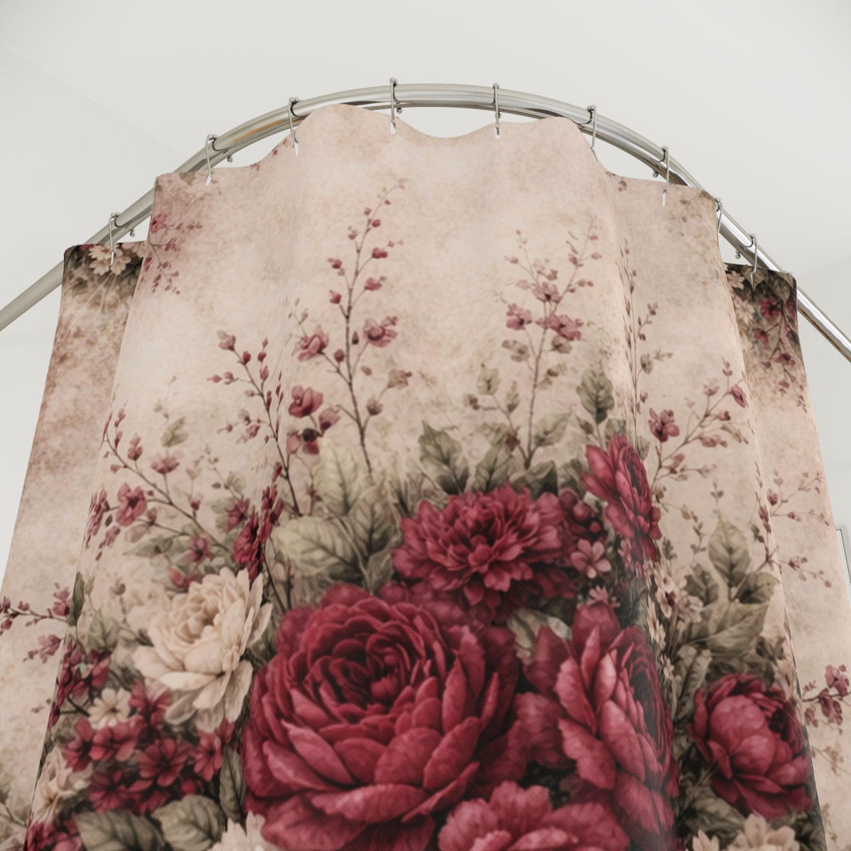 Burgundy Rose Memory Foam Bathmat, Floral  Shower Curtain, French Country Chateaucore Victorian Shabby Chic Romantic Decor