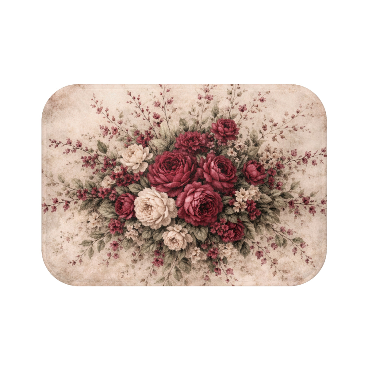 Burgundy Rose Memory Foam Bath Mat, Vintage Floral Bathroom Rug, French Country Chateaucore Victorian Shabby Chic Romantic Decor