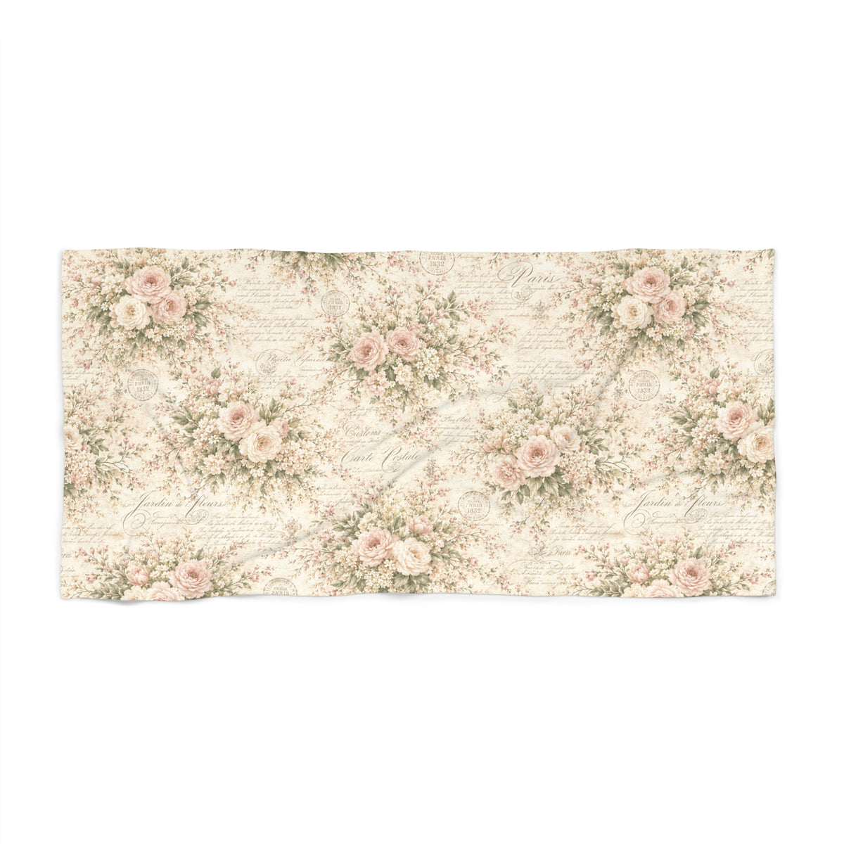 Love Letter Chateau Vintage Floral Large Bath Towel, Soft Pink Rose Ivory Oversized Bath Sheet French Country Script, Shabby Chic
