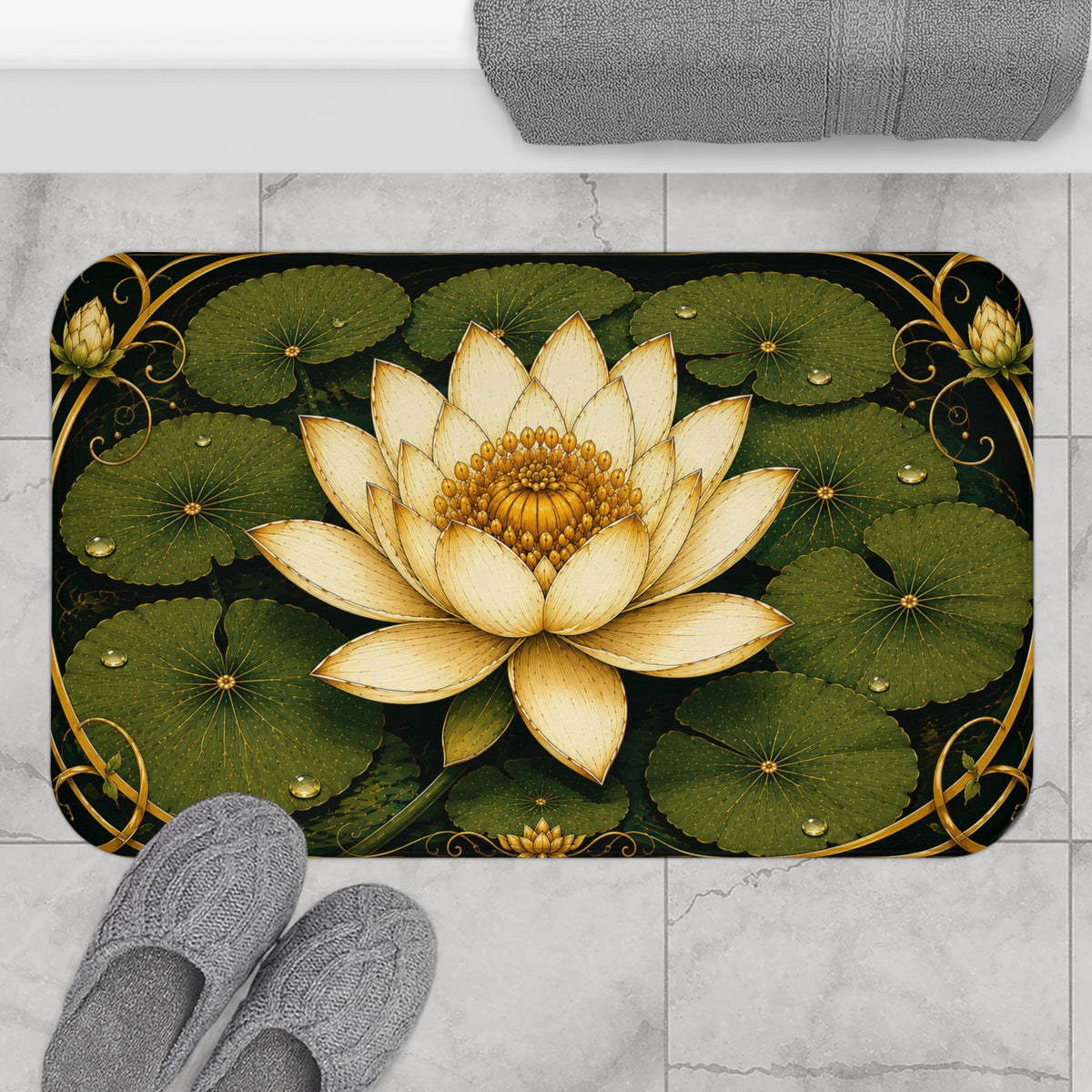 Art Nouveau Water Lily Memory Foam Bathmat, Vintage Botanical Floral Cushioned Bathroom Throw Rug, French Country Chateaucore Green Ivory