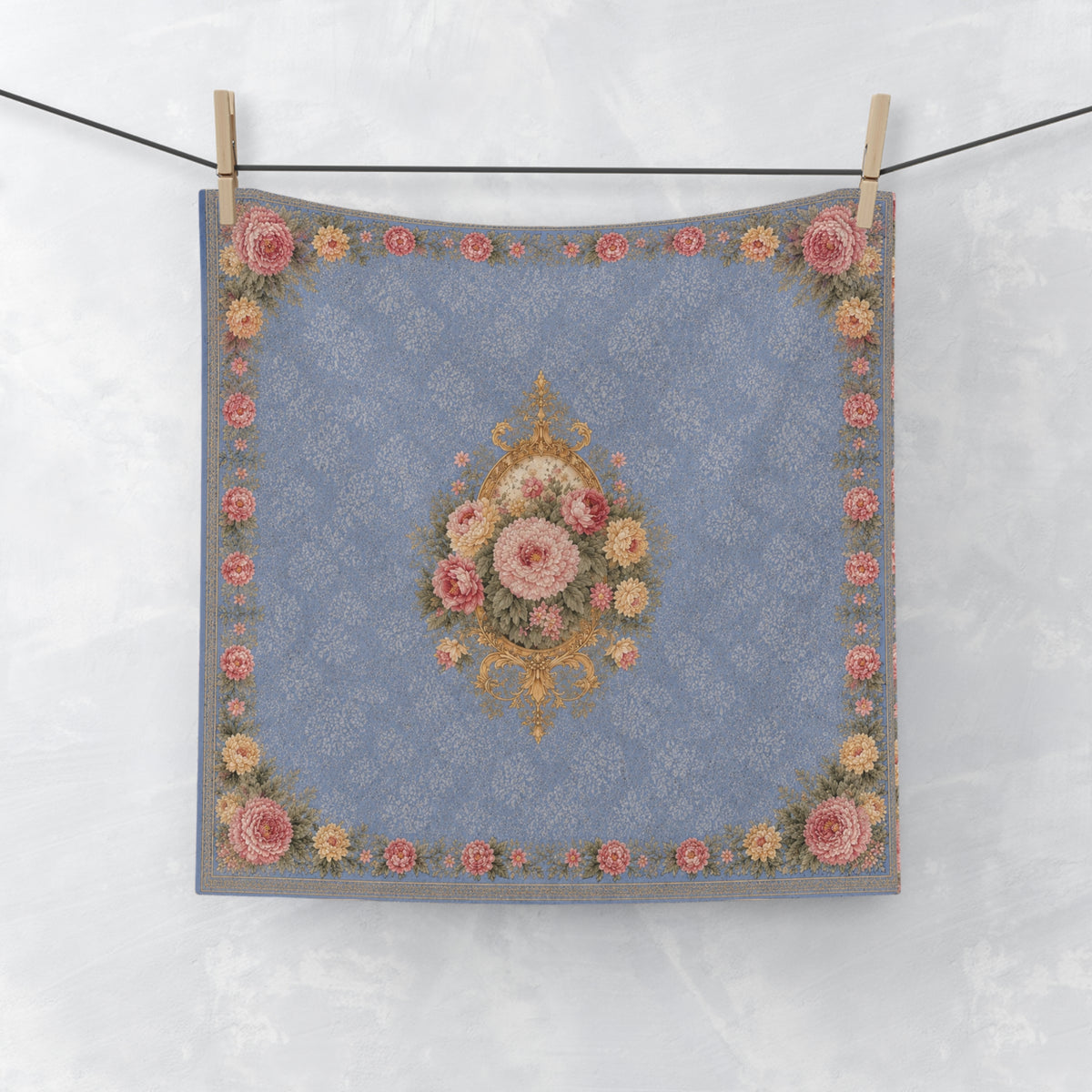 Dusty Blue & Blush Rose Washcloth, French Country Chateaucore Floral Face Towel, Vintage Victorian Bathroom Decor