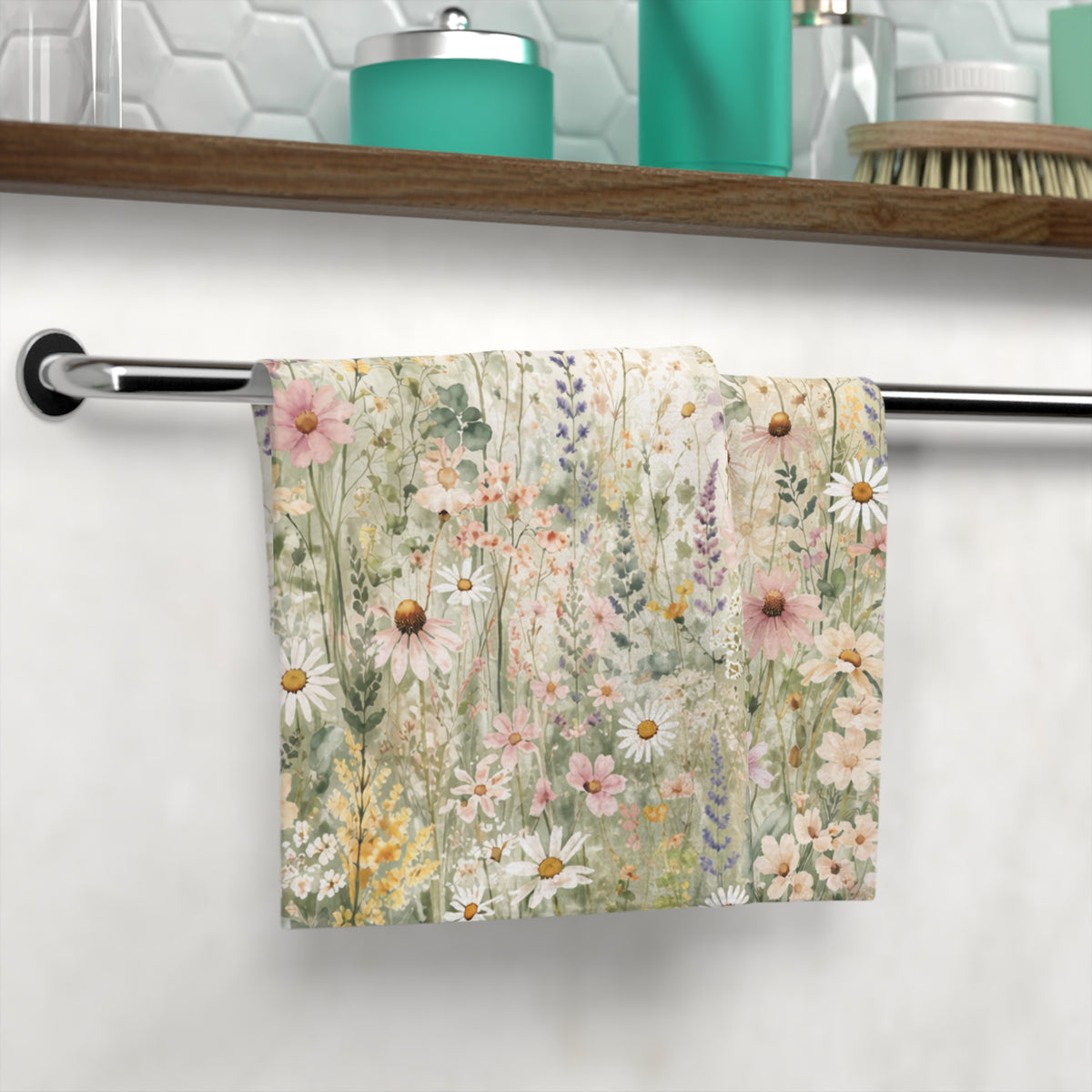 Watercolor Wildflower Meadow Washcloth, French Country Botanical Face Towel, Shabby Chic Cottagecore Floral Garden Bathroom Decor
