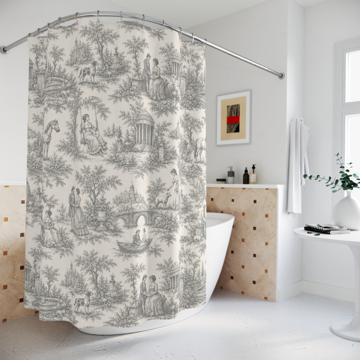 Nickel Gray French Toil de Jouy Shower Curtain, Victorian Bathroom Decor, Vintage Country Cottage, Shabby Chic, Farmhouse, Housewarming Gift