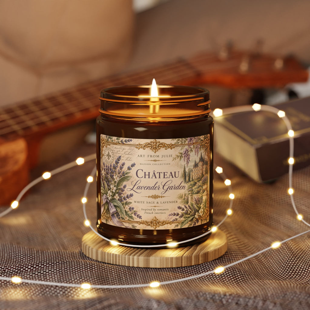Château Lavender Garden Candle, White Sage Lavender Scented Soy Candle in Amber Jar, French Country Chateaucore Home Décor Gift