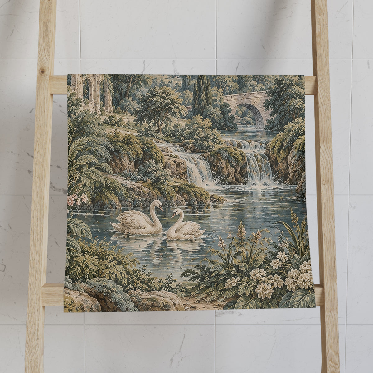 French Verdure Château Garden Hand Towel – Vintage Aubusson Swans Floral French Country Chateaucore Green Victorian Bathroom Decor