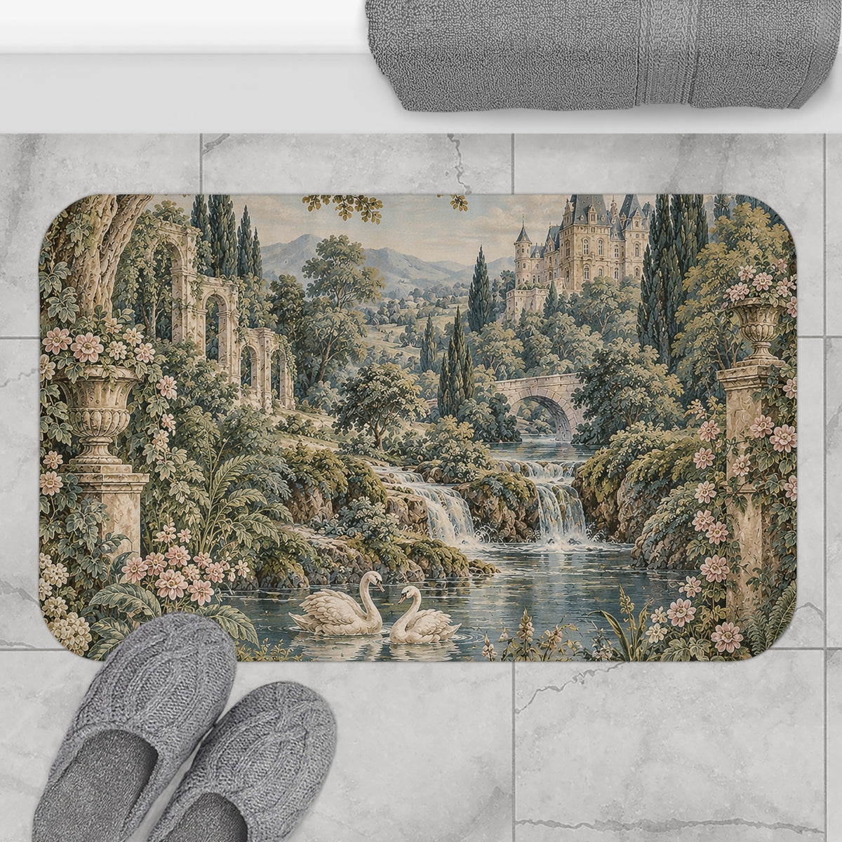 French Verdure Château Garden Memory Foam Bathmat – Vintage Green Aubusson Swans French Country Chateaucore Victorian Floral Bathroom Rug