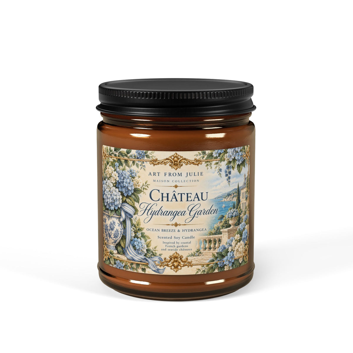 Château Hydrangea Garden Candle 9 oz, Ocean Water Scented Soy Candle in Amber Jar, French Country Chateaucore Home Décor