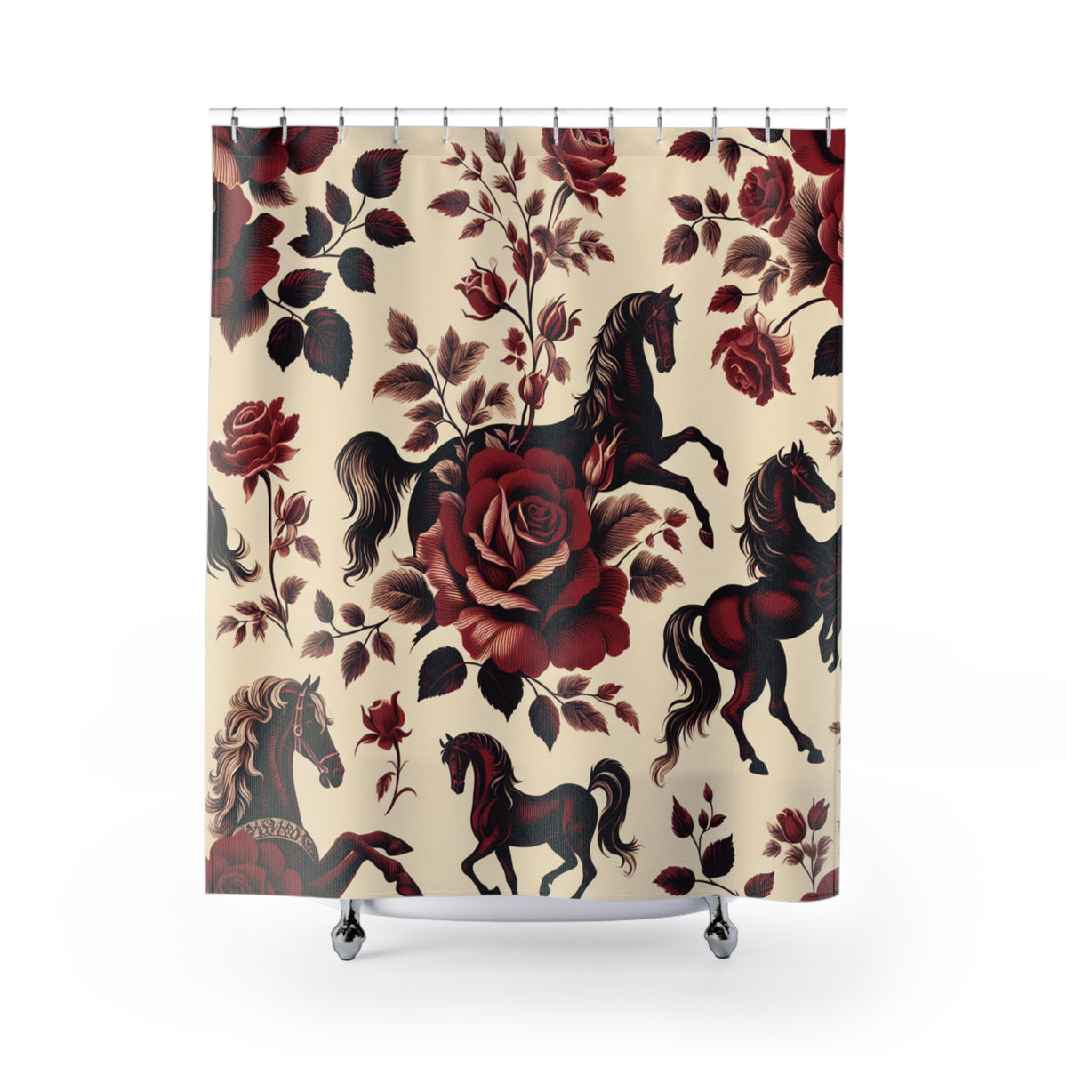 Red Rose Horse French Toil Floral Fabric Shower Curtain, Victorian Bathroom Decor, Vintage Romantic Equestrian Country Shabby Chic