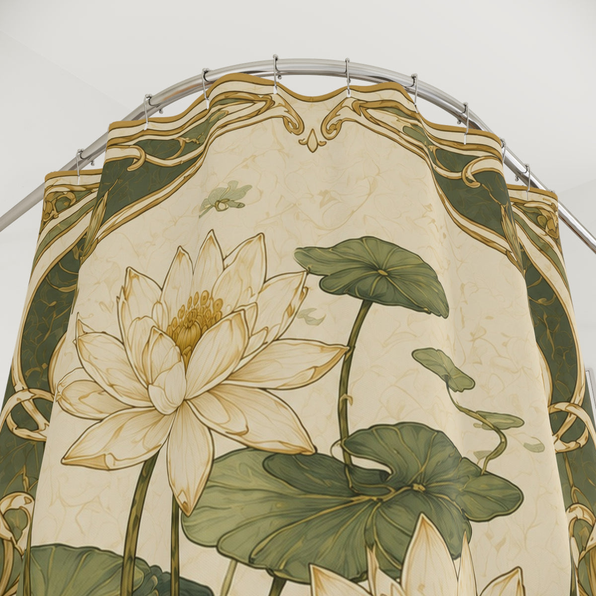 Art Nouveau Water Lily Shower Curtain, Sage Green Botanical Bathroom Decor, Watercolor Leaf Bath Curtain, Spa Style Farmhouse Bathroom,