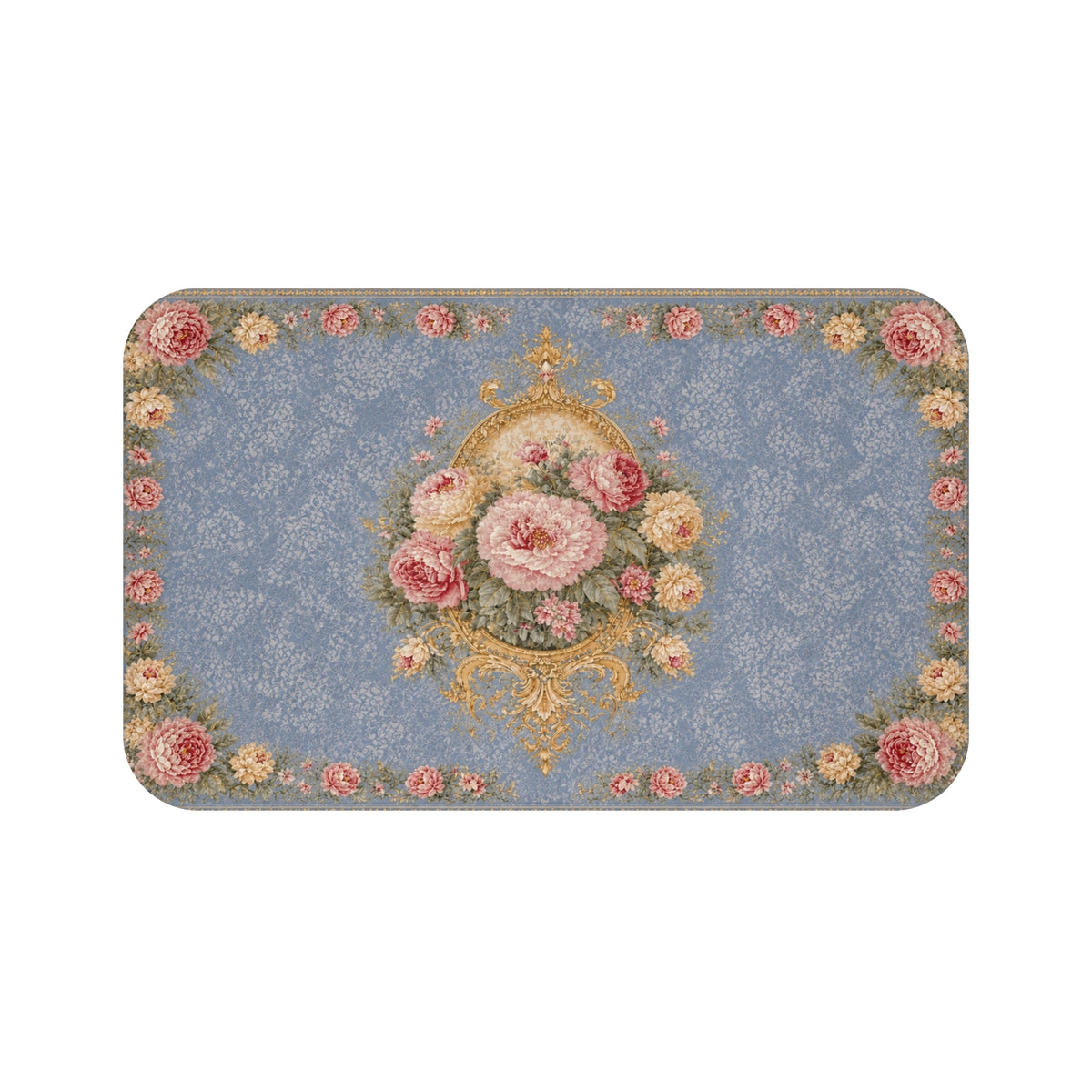 Blue Floral Memory Foam Bath Mat, Pink Peony Rose Rococo Bathroom Rug, French Country Vintage Chateaucore Victorian Shabby Chic Decor