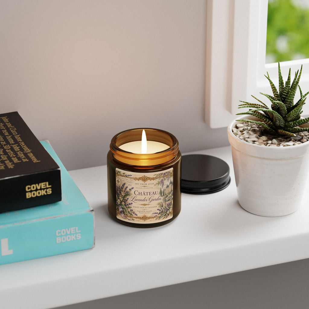 Château Lavender Garden Candle, White Sage Lavender Scented Soy Candle in Amber Jar, French Country Chateaucore Home Décor Gift