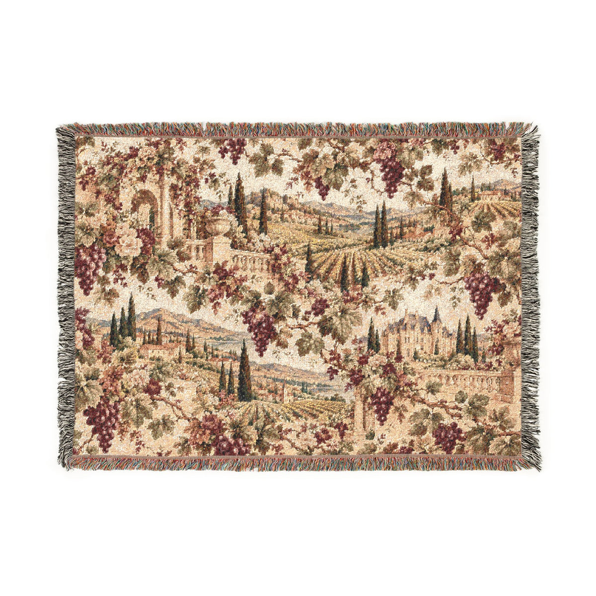 Burgundy French Vineyard Tapestry Woven Blanket – Chateau Garden Throw, Old World French Country Decor