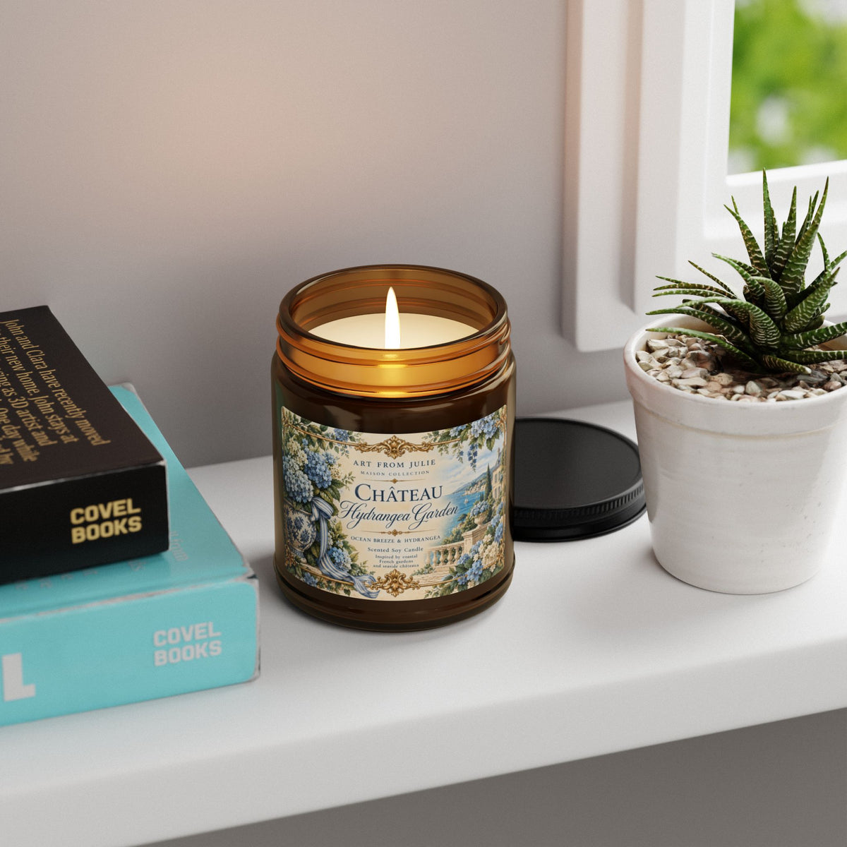 Château Hydrangea Garden Candle 9 oz, Ocean Water Scented Soy Candle in Amber Jar, French Country Chateaucore Home Décor