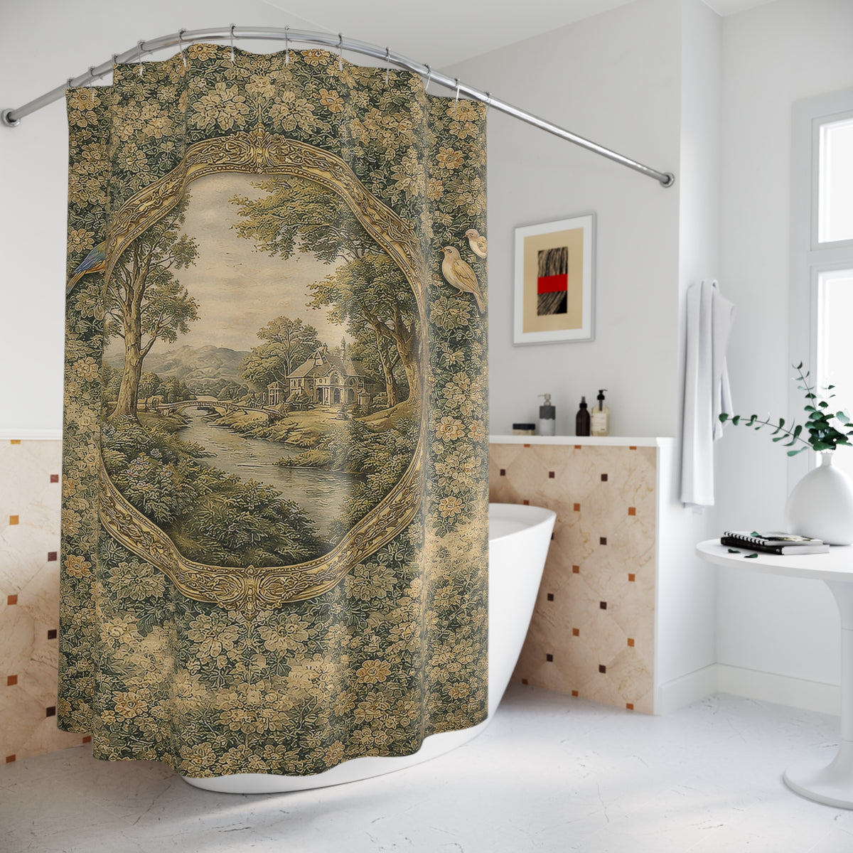 Verdure Green Forestcore Chateaucore Shower Curtain, Victorian Bathroom Decor, French Country Chateau, Shabby Chic Housewarming Wedding Gift