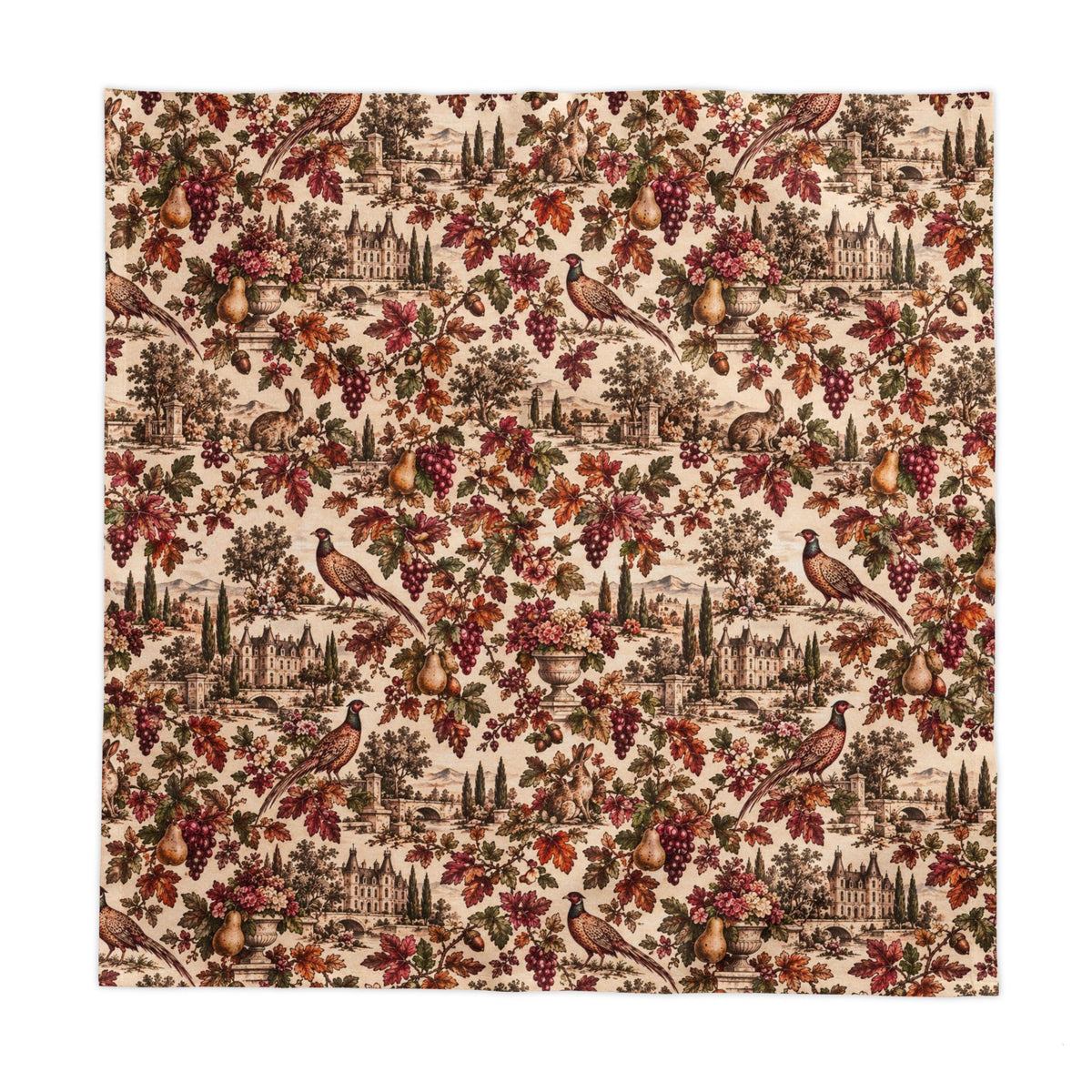 French Harvest Toile Fall Tablecloth – French Country Autumn Dining Table Cover with Pheasants, Châteaux, Grapes & Botanical Leaves – 58 x 108 Inch