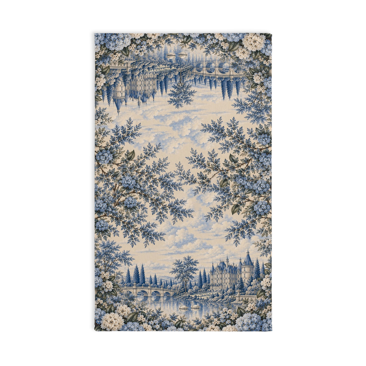 Blue Hydrangea Château Garden Hand Towel, French Country Floral Tea Cloth, Blue Toile Chateaucore Shabby Chic Bathroom Decor