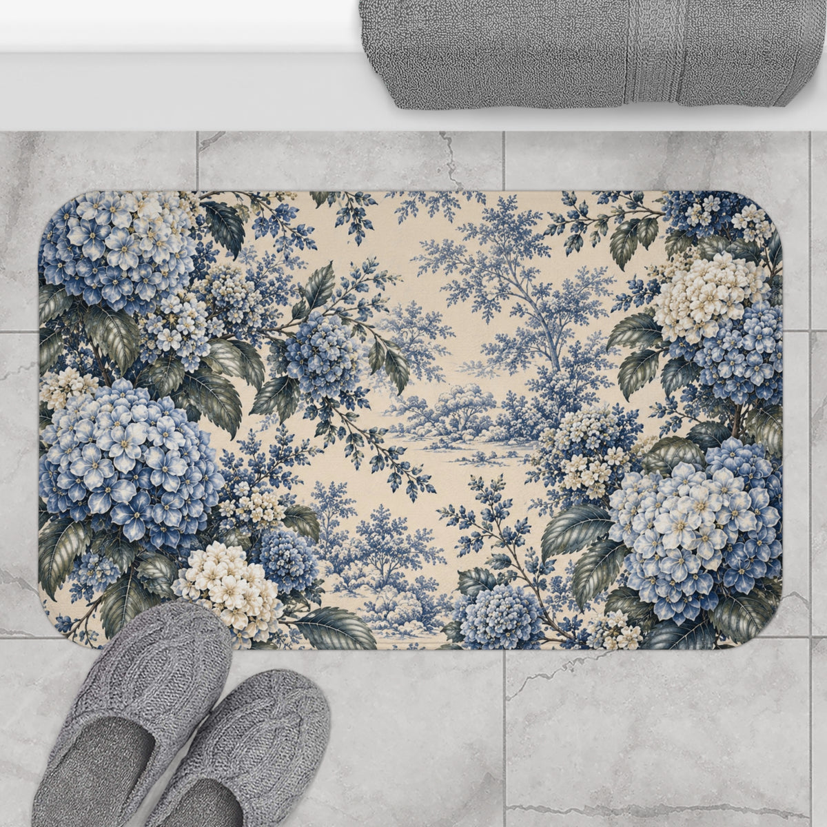 Blue Hydrangea Château Garden Memory Foam Bathmat, French Country Navy Blue Floral Bathroom Cushioned Throw Rug, Chateaucore Hydrangea Decor