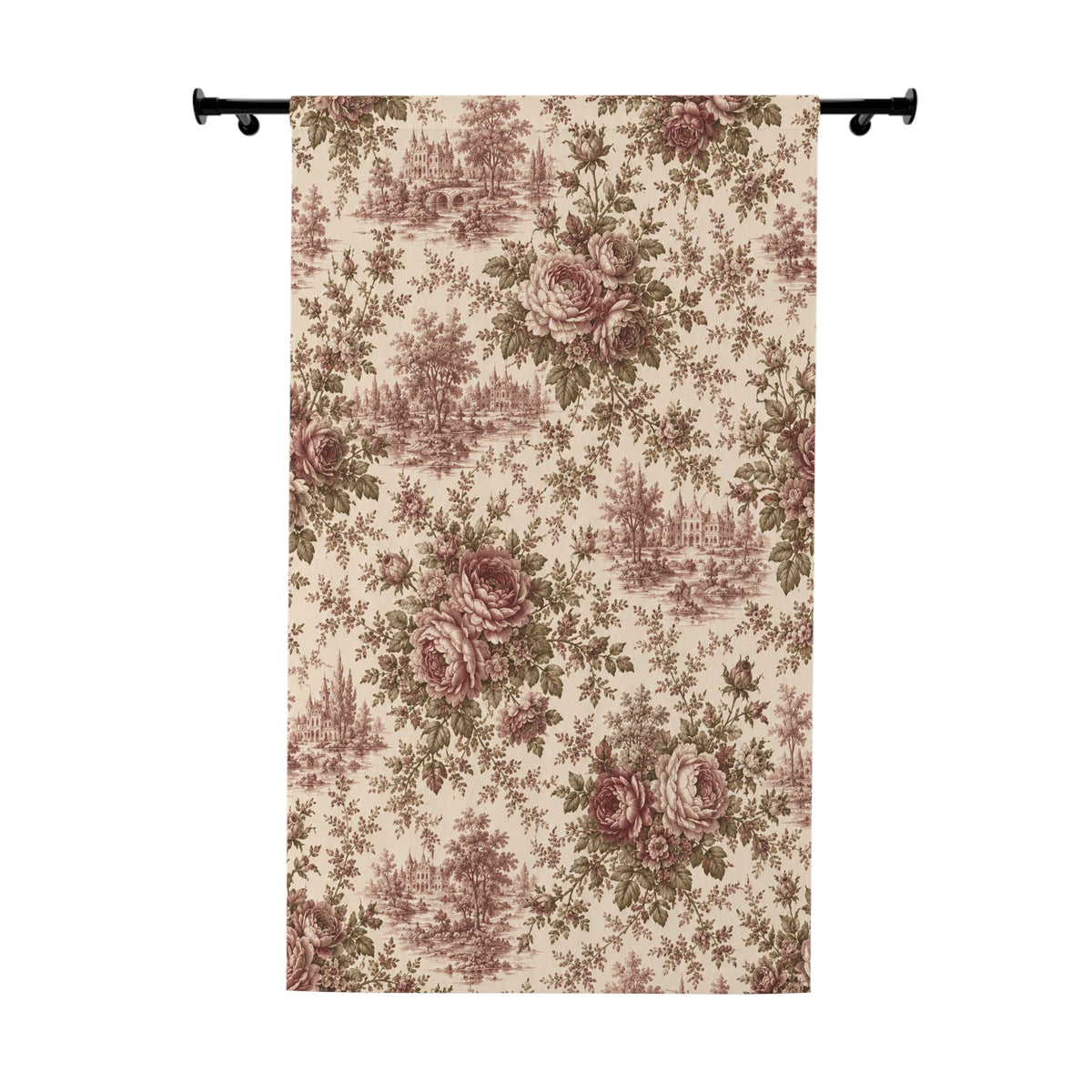 Toile de Jouy Floral Long Window Black Out Curtain, Botanical Scenic Vintage Dusty Rose Burgundy Curtain, French Country Shabby Chic Chateaucore