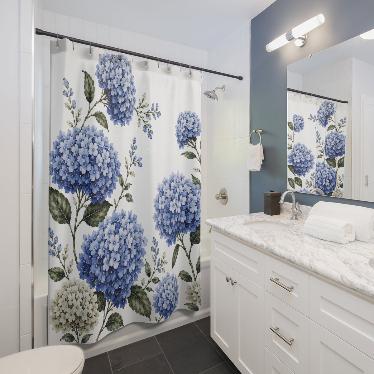 Dusty Blue Hydrangea Shower Curtain – French Country Chateaucore Floral Bathroom Decor – 71×74