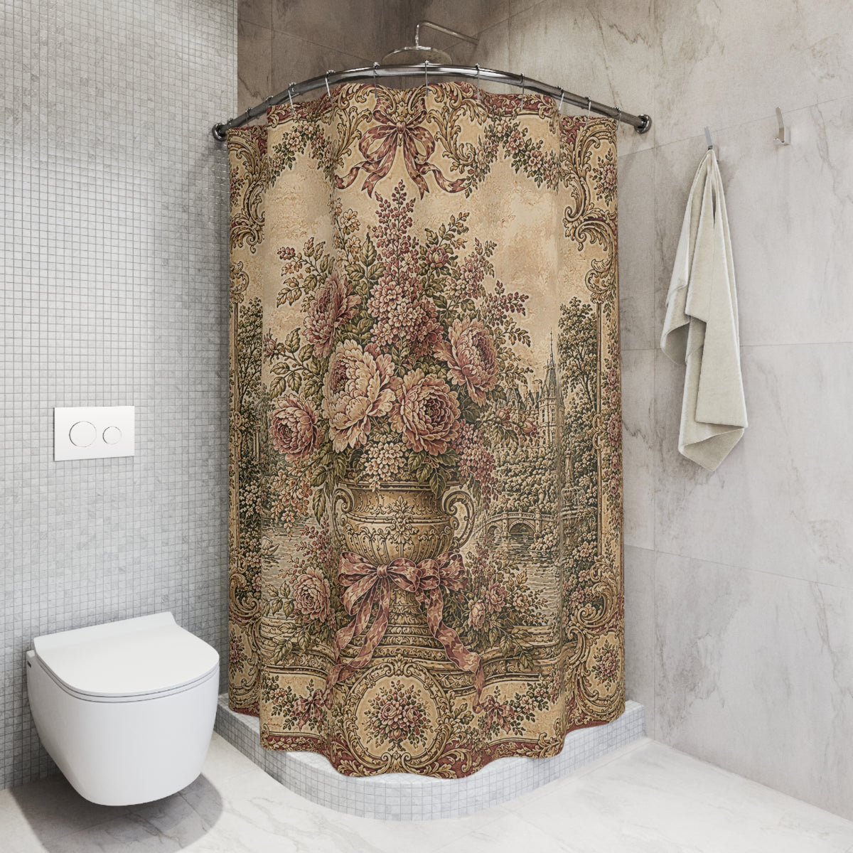 Dusty Rose Aubusson Shower Curtain – Pink Roses & Peonies – French Country Chateaucore Bathroom Decor