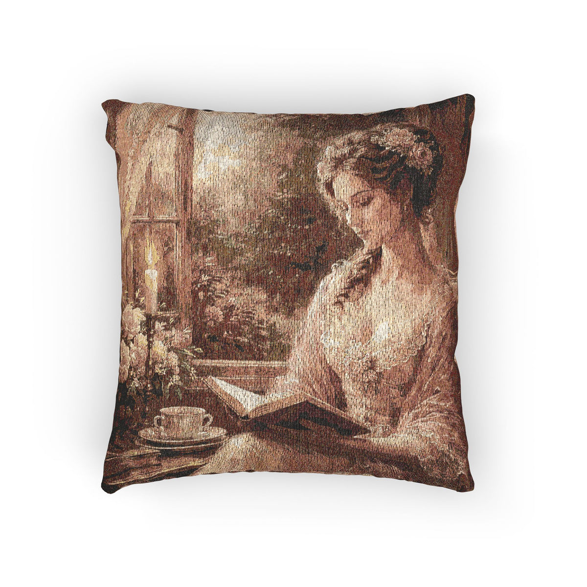Victorian Lady Reading Woven Tapestry Pillow and Cover, Vintage French Country Throw Cushion, Antique Style Rococo Chateaucore Layering Decor