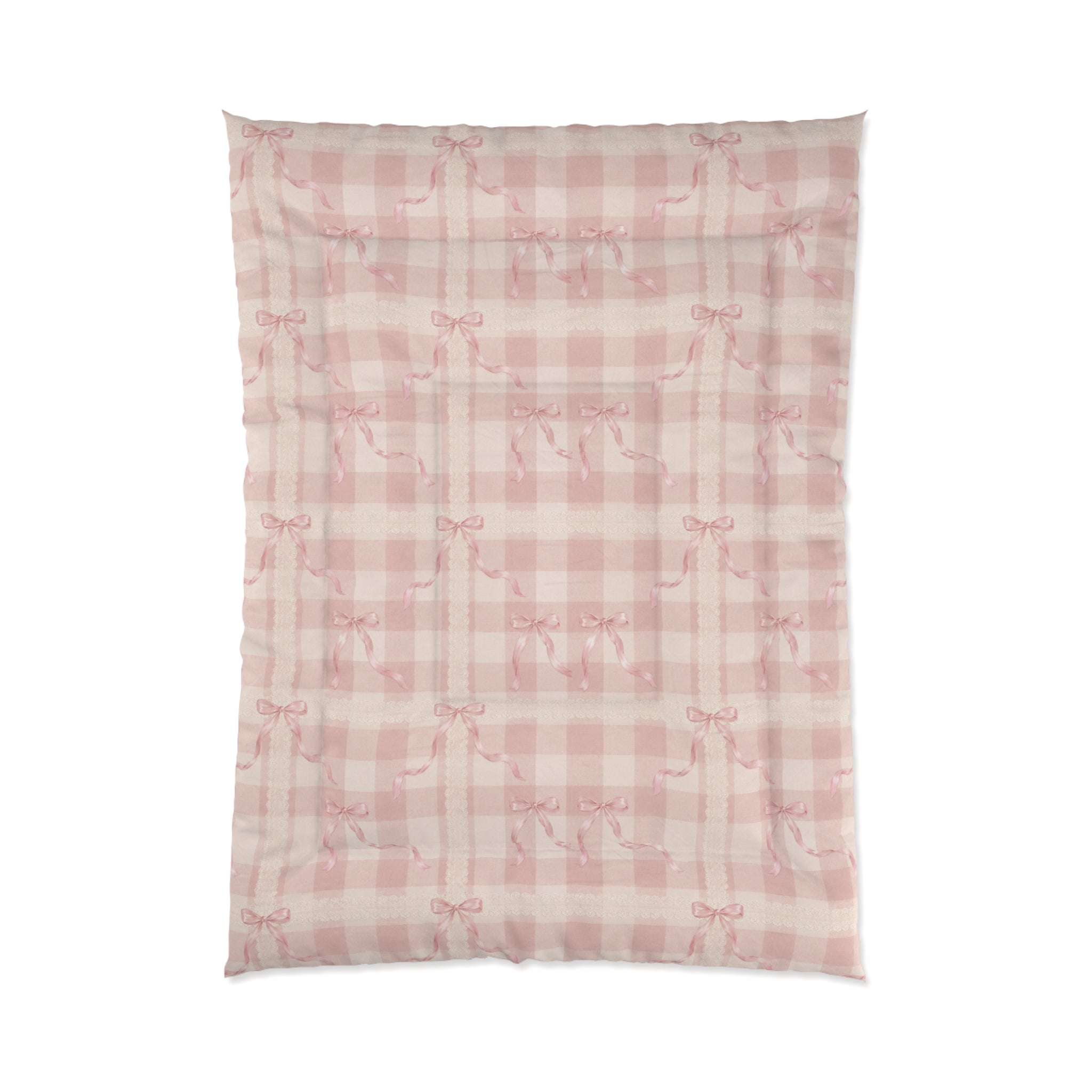 Pink Coquette Comforter Set | French Country Bedding Shabby Chic Gingham Lace Bow Bedspread Cottagecore Bedroom Decor