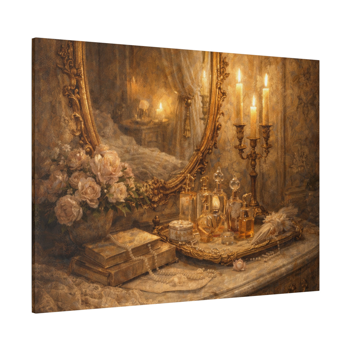 French Country Perfume Vanity Canvas Wall Art Print, Chateaucore Floral Wall Hanging Decor, Victorian Romantic Home Decor, Gift Mom Grandma