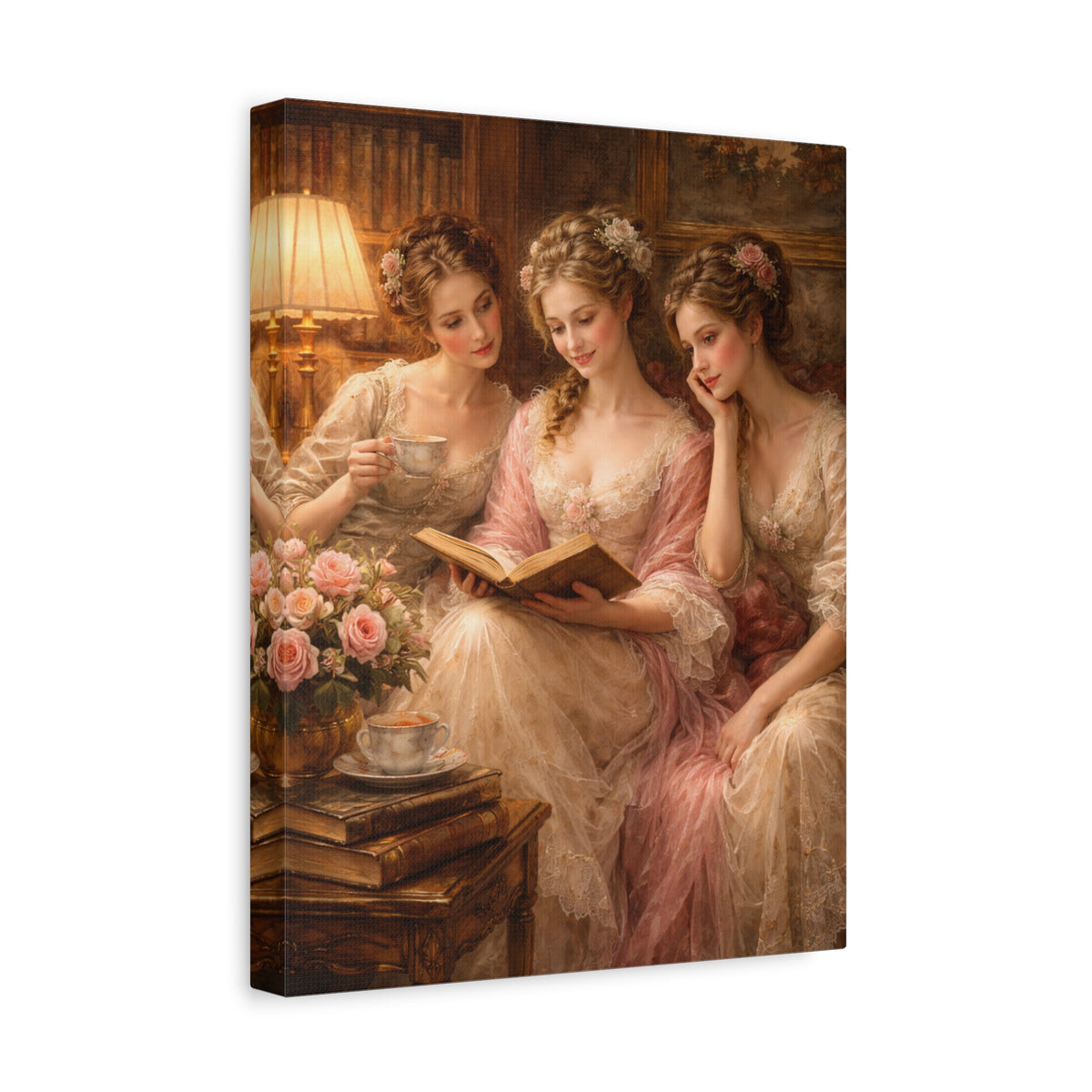 Victorian Pink Ladies Reading Nook Roses Canvas Wall Art Print, Women Wall Hanging Decor, Vintage Bookish Lady, Bedroom Decor, Gift for Her