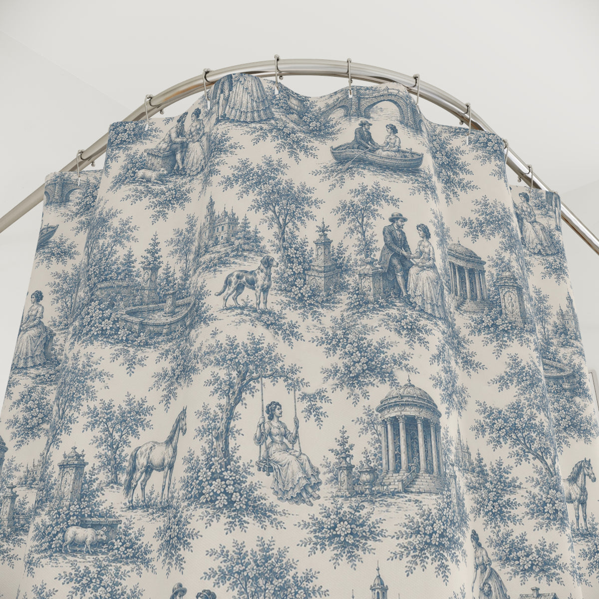 Dusty Blue French Toile Shower Curtain – Chateaucore French Country Bathroom Decor – Romantic Blue Bath Curtain