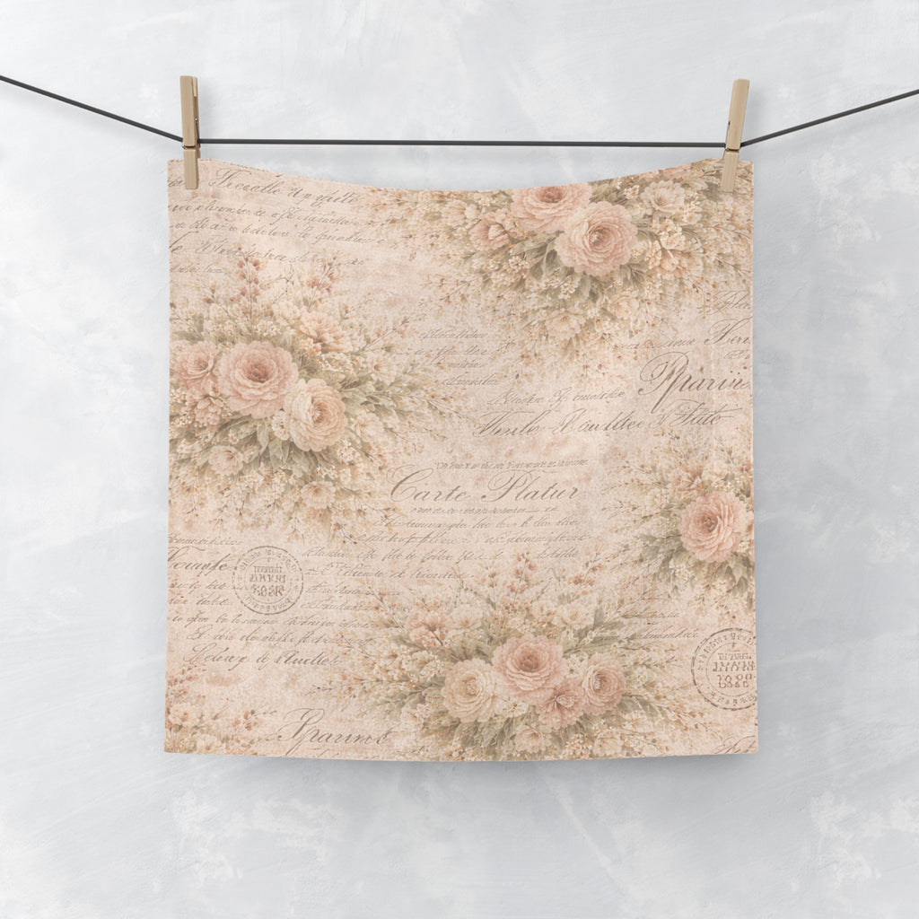 Blush Pink Rose & French Script 5-Piece Bathroom Bundle, Shower Curtain, Memory Foam Bath Mat & Towel Set, French Country Chateaucore Decor