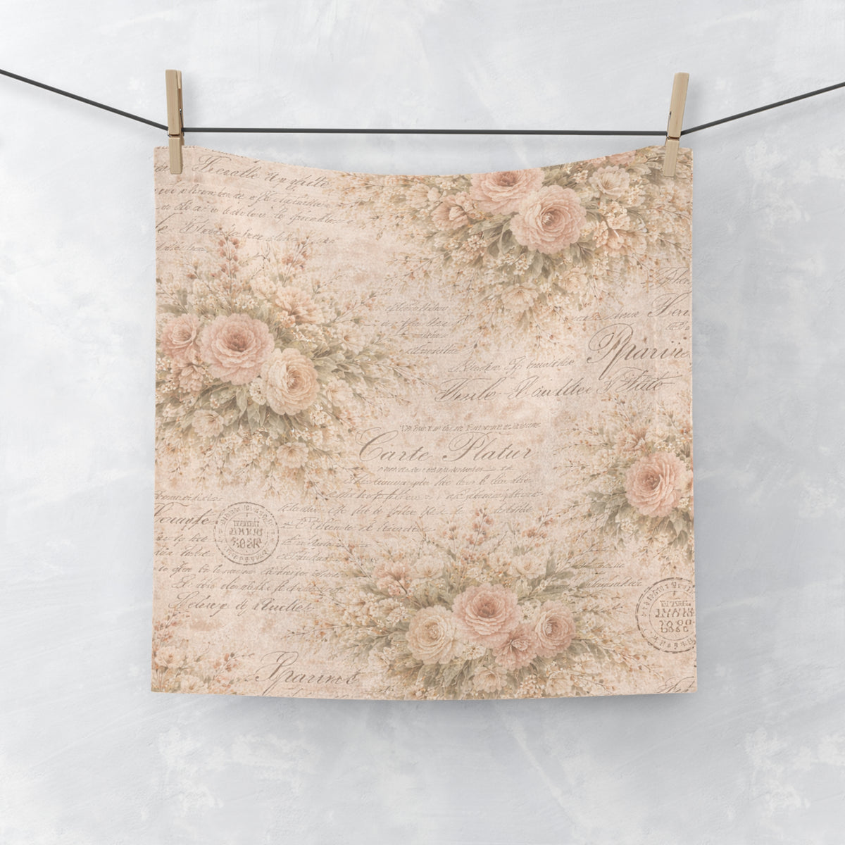 Blush Pink Rose & French Script 5-Piece Bathroom Bundle, Shower Curtain, Memory Foam Bath Mat & Towel Set, French Country Chateaucore Decor