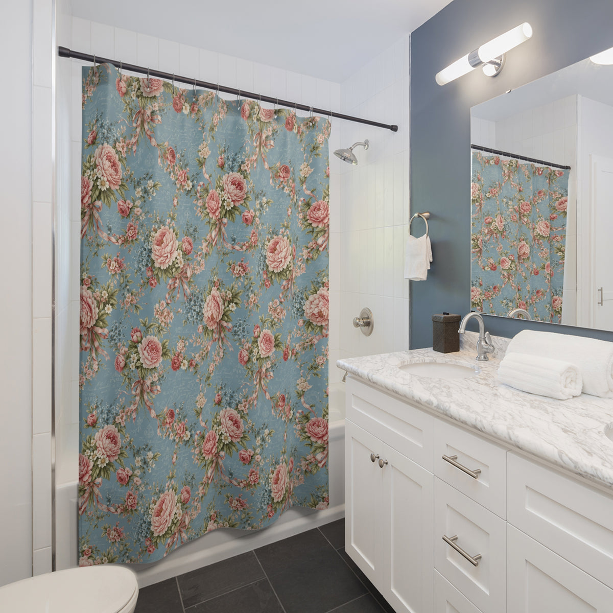 Pink Peonies Ribbons Blue Floral Fabric Shower Curtain, Victorian Bathroom, Chateaucore French Country Cottage, Shabby Chic Bath Decor