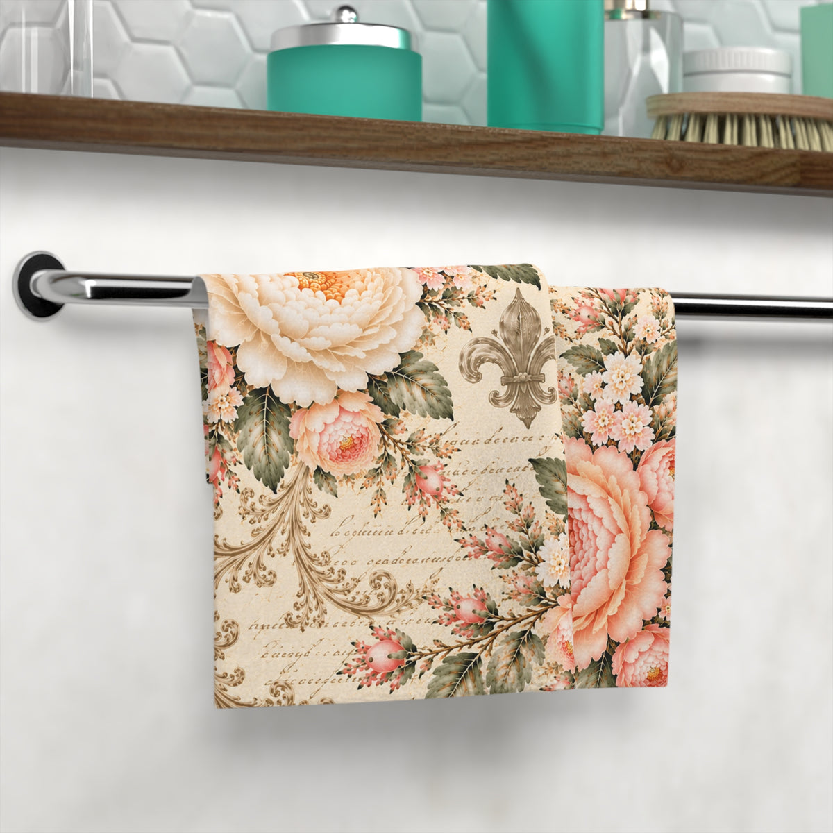 Peach Rose Château Washcloth, Fleur de Lis French Country Script Peach Floral Face Cloth, Soft Sage Chateaucore Bathroom Decor