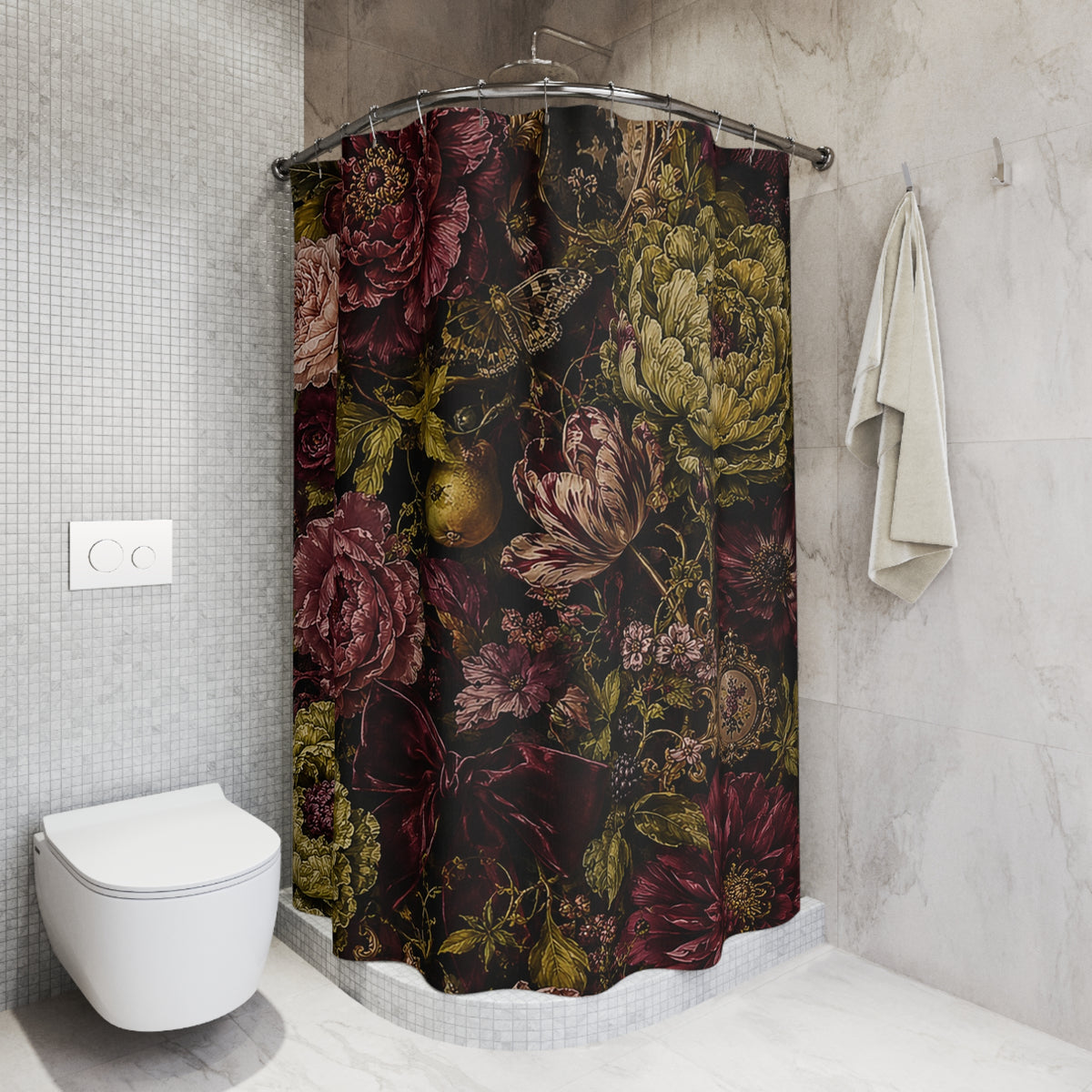 Burgundy Floral Maximalist Fabric Shower Curtain, Moody Botanical Bathroom Decor, Rich Dark Academia Victorian Floral Bath Gift