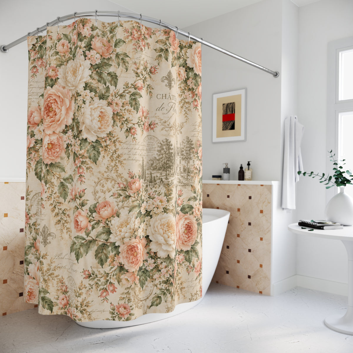 Peach Rose Château Shower Fabric Curtain, French Country Floral Bath Decor, Peach Roses & Sage Green, Romantic Chateaucore Bathroom Curtain